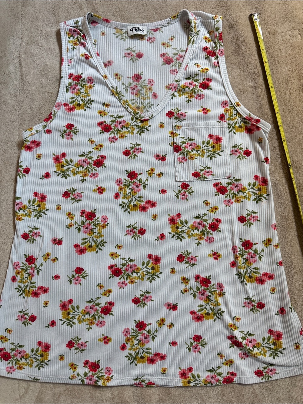 Pulse White Floral Ribbed V-Neck Tank Top